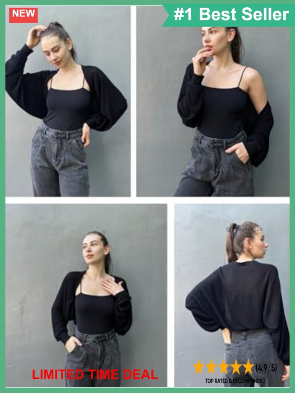 Women's Long Batwing Sleeve Knit Cropped Bolero Shrug Open Front Cardigan - Picture 3 of 6